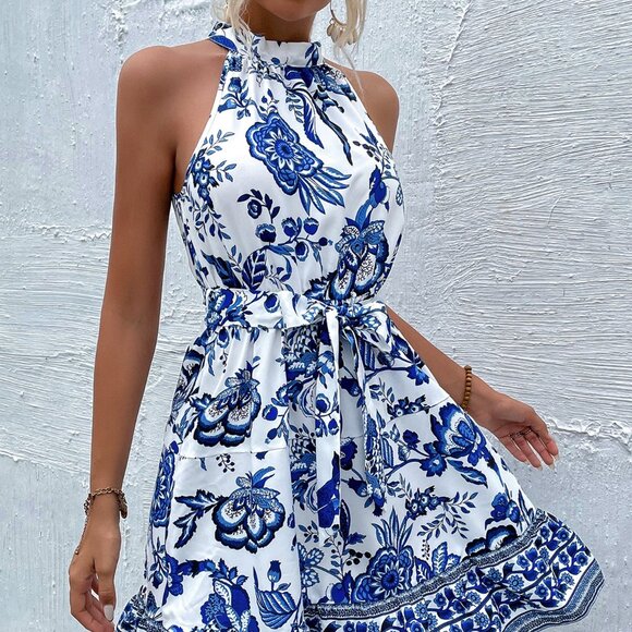 Blue And White Boho Women's Floral Print Belted Halter Dress Vacation Beach - Picture 1 of 6